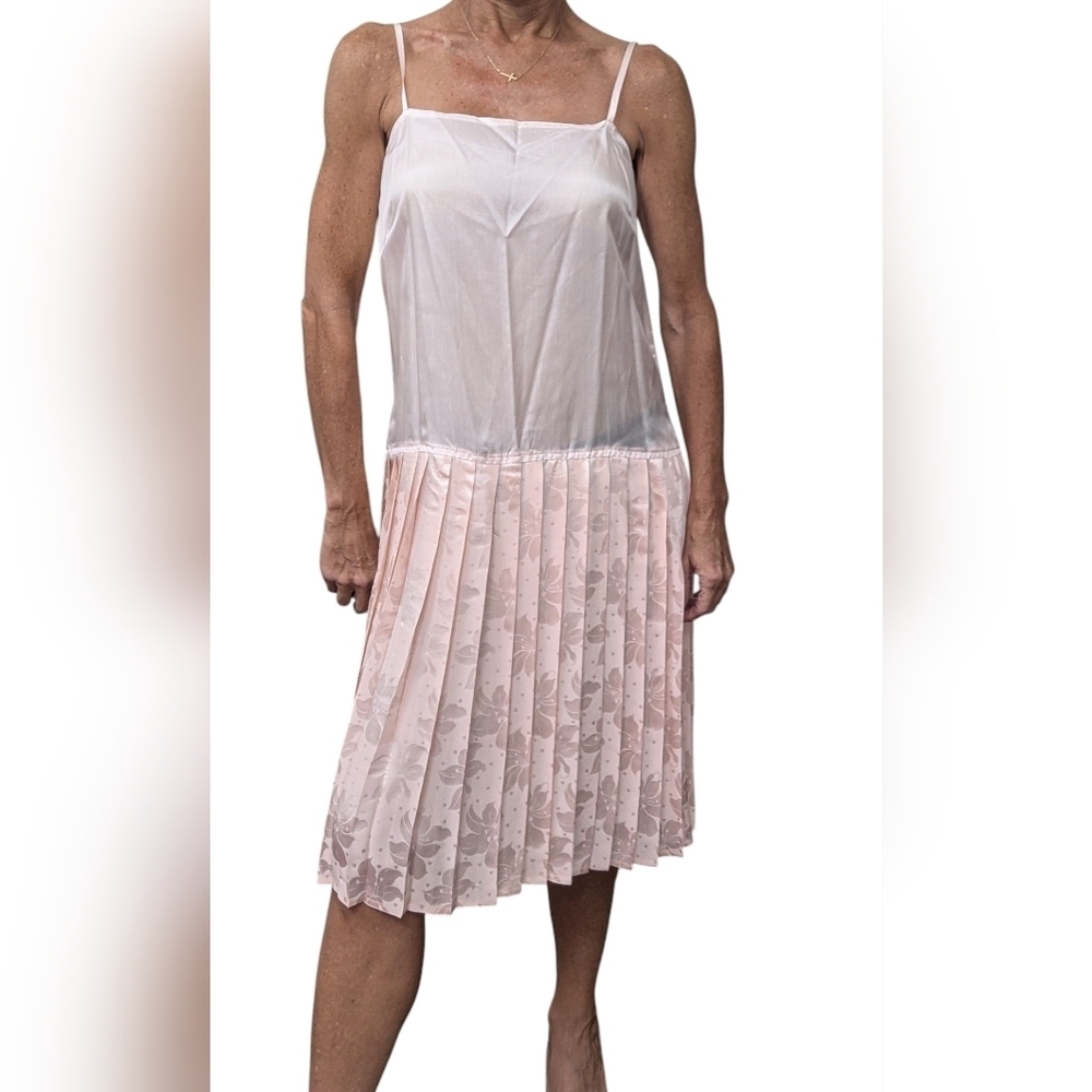 Vintage Silk Slip Dress Pink Pleated Drop Waist 90s Romantic